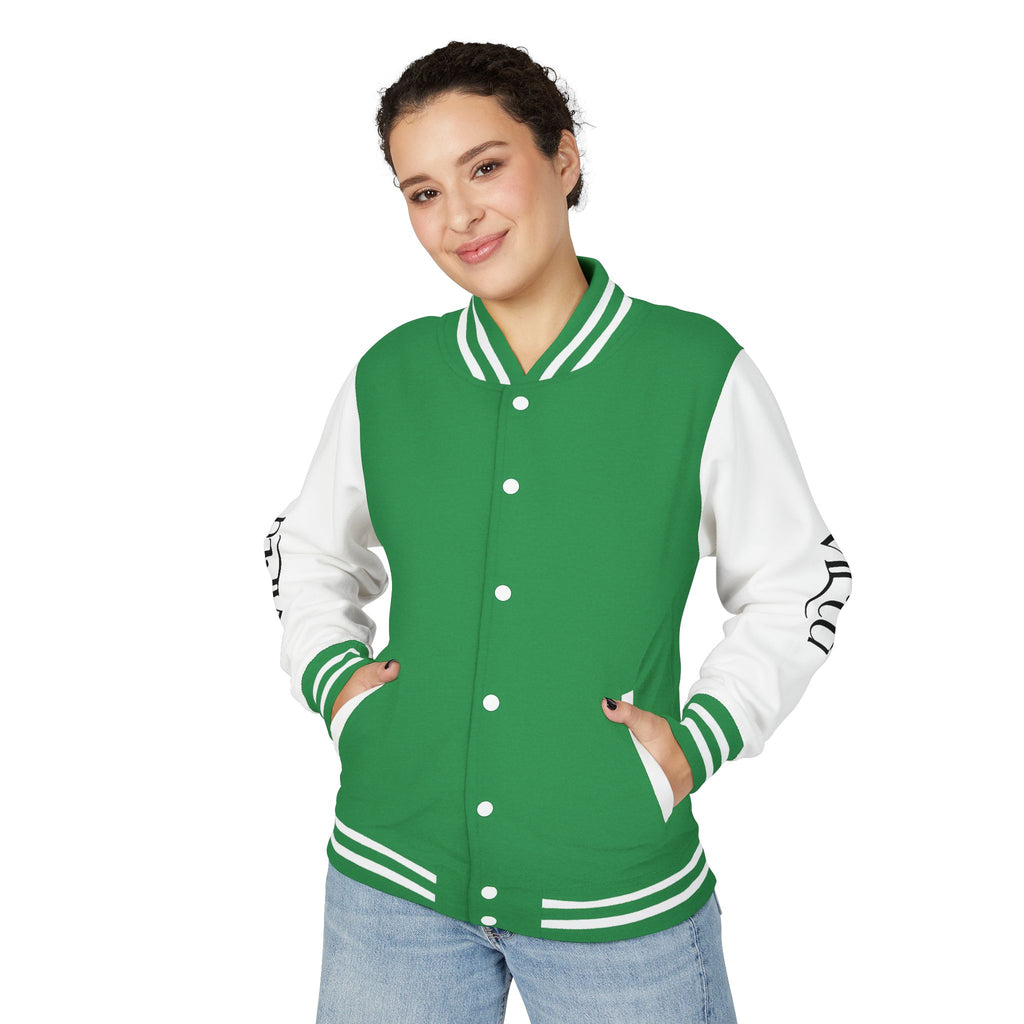Letterman Jacket — Black & White Varsity Bomber with Sleeve Script
