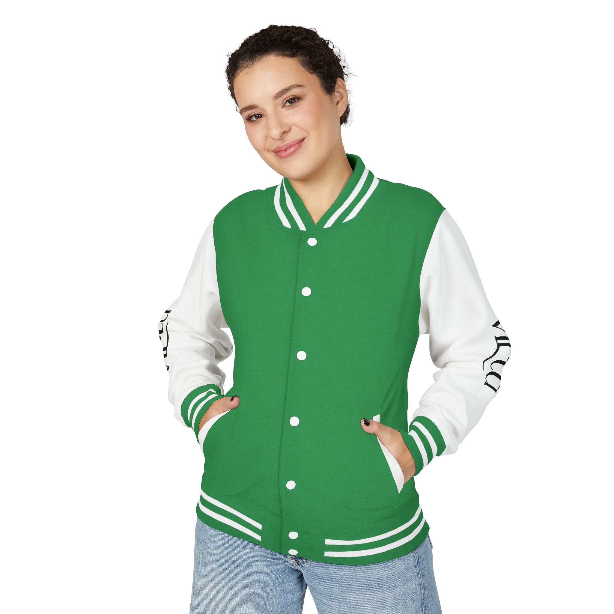 Letterman Jacket — Black & White Varsity Bomber with Sleeve Script