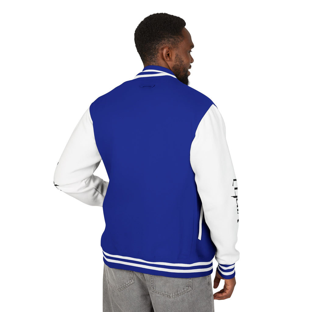 Letterman Jacket — Black & White Varsity Bomber with Sleeve Script
