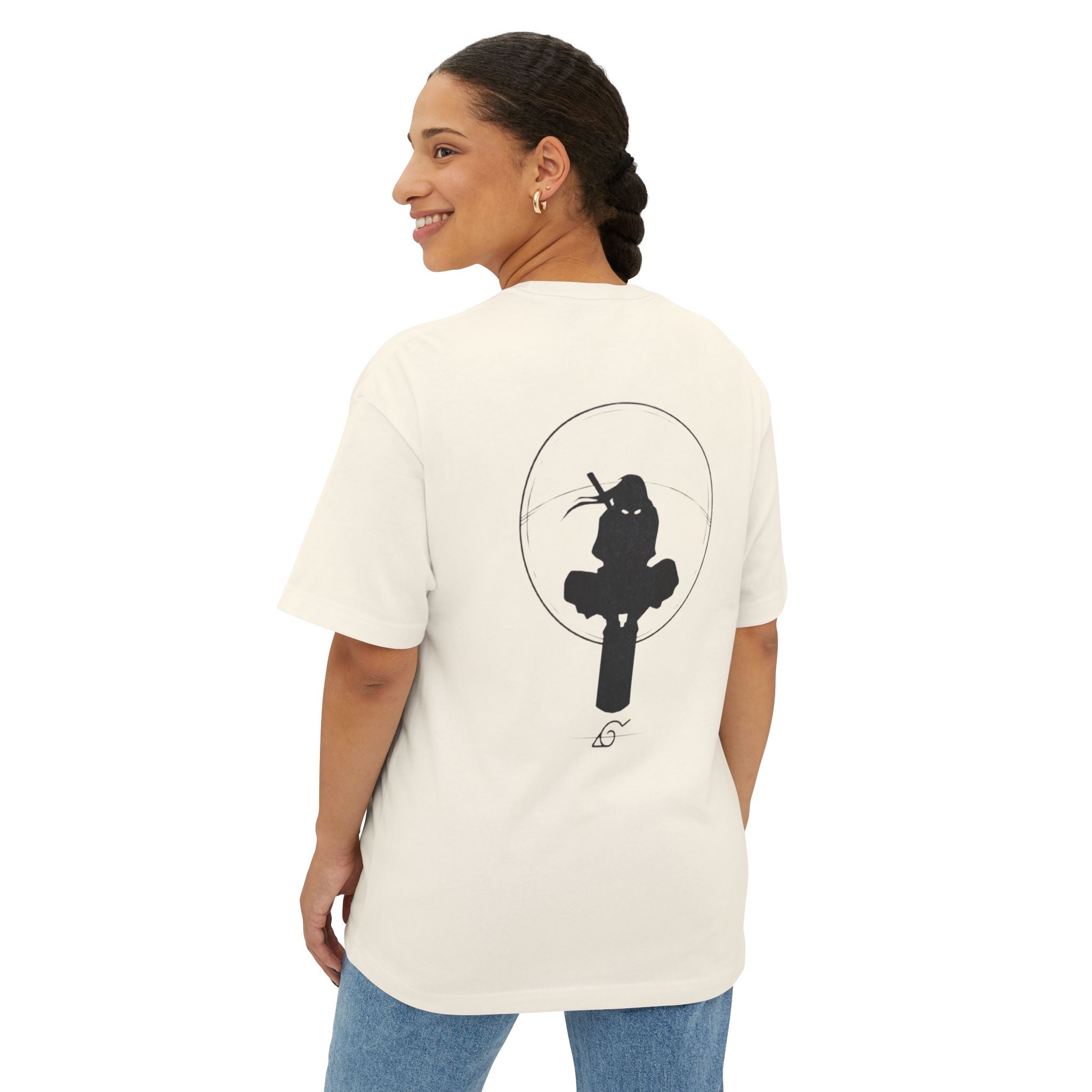 Ninja Silhouette Boxy Tee — Japanese Kanji Sakura Sun Graphic