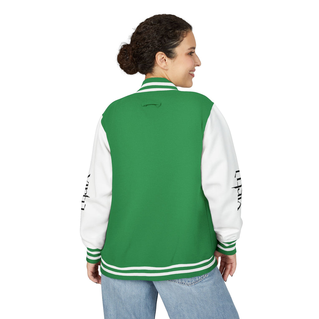 Letterman Jacket — Black & White Varsity Bomber with Sleeve Script