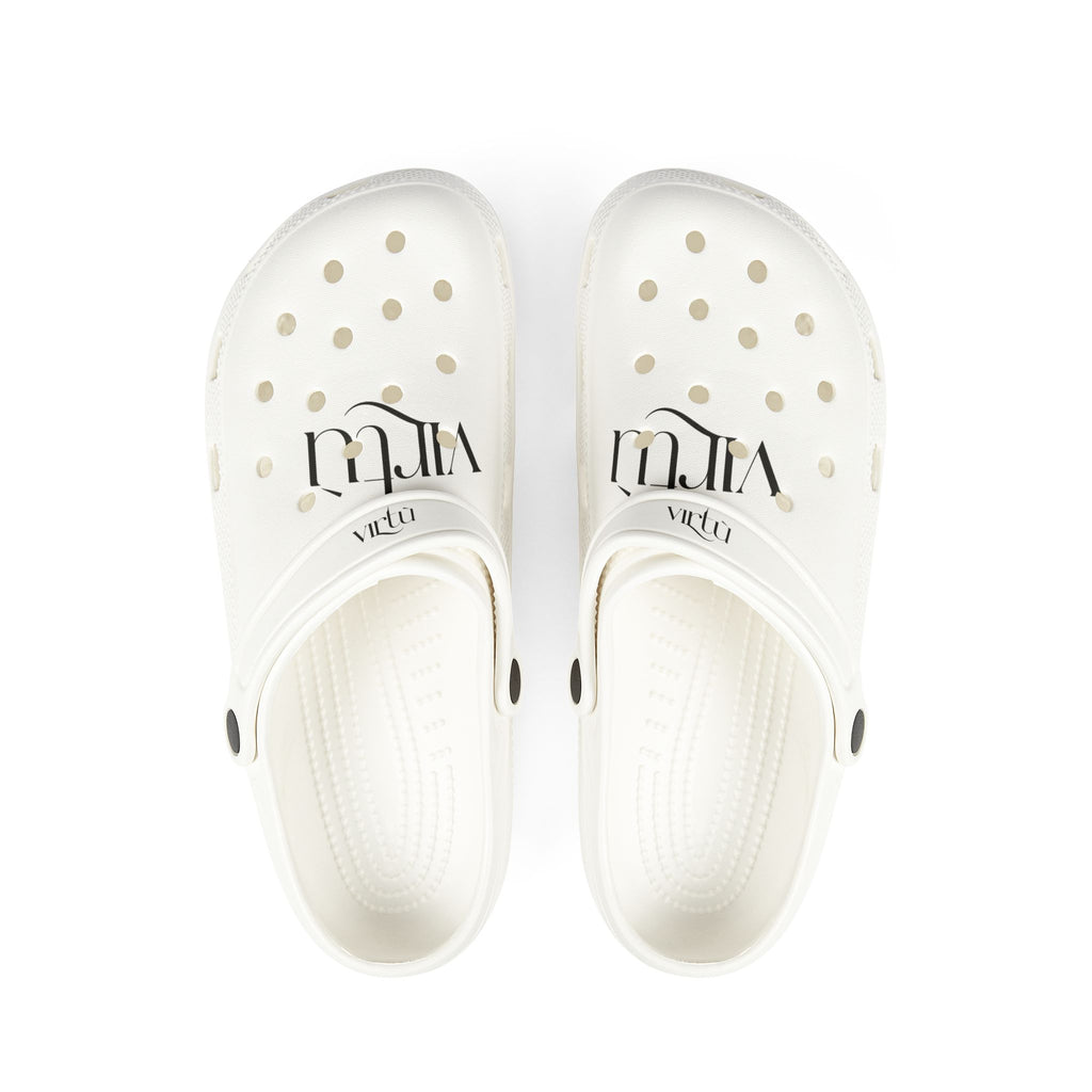 White EVA Foam Clogs with Script Logo — Lightweight Comfort Slip-Ons