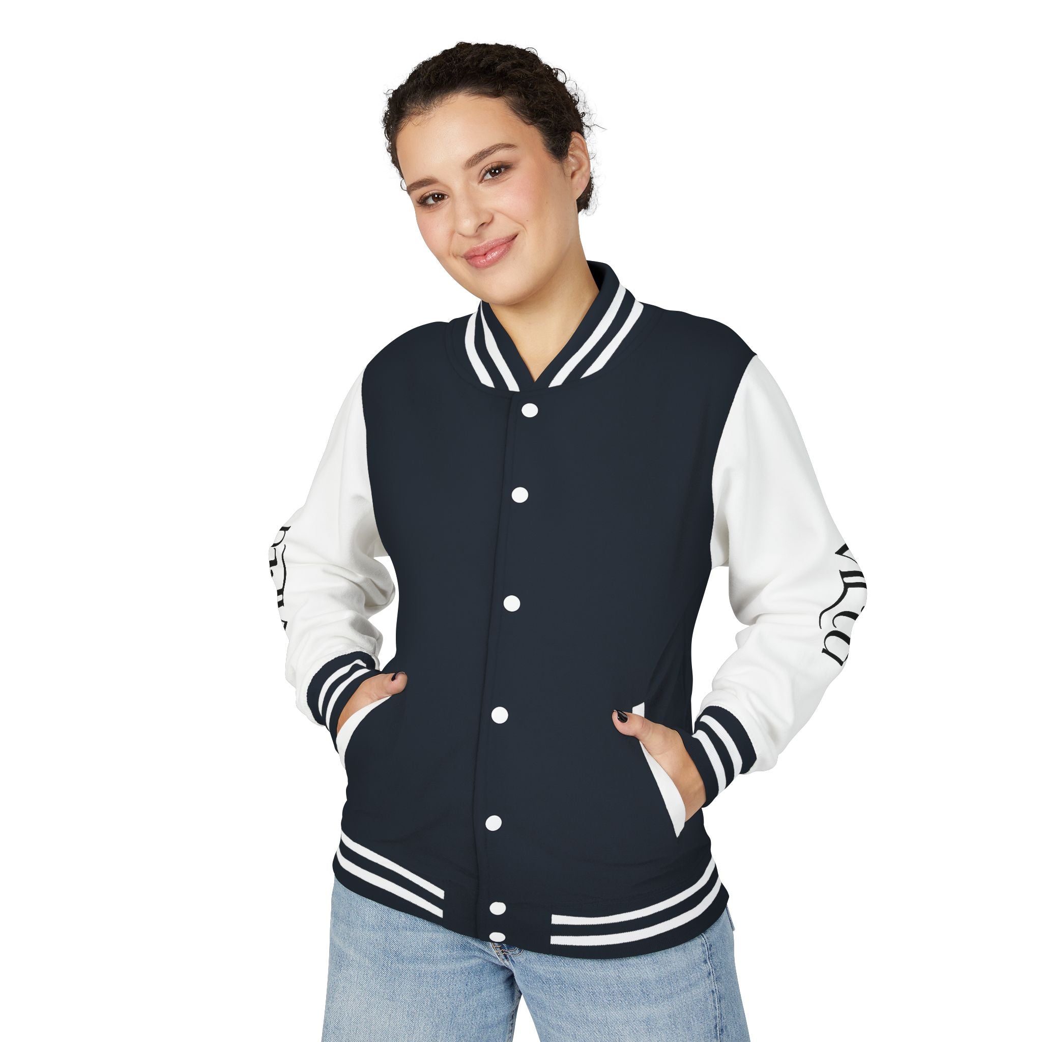 Letterman Jacket — Black & White Varsity Bomber with Sleeve Script