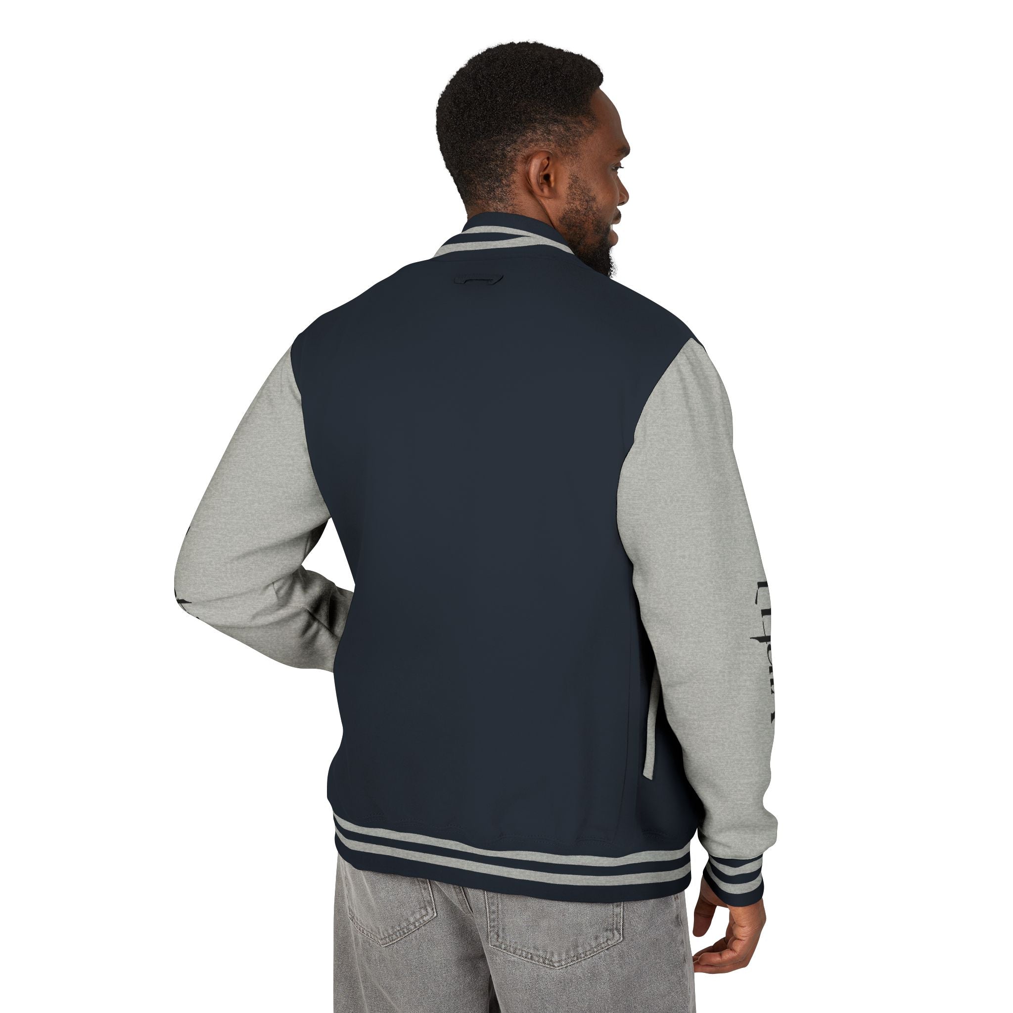 Letterman Jacket — Black & White Varsity Bomber with Sleeve Script