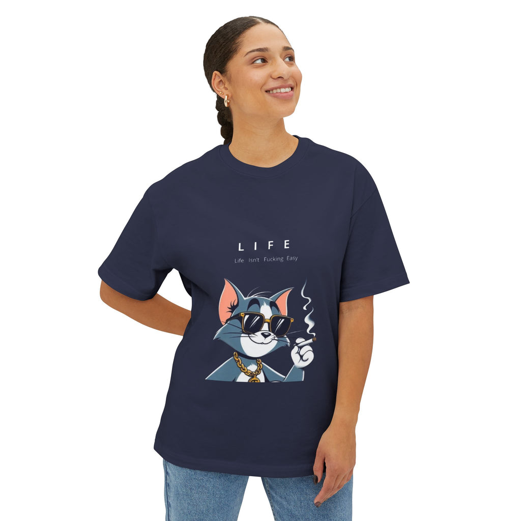 Cat Cartoon Tee — "Life Is Not Coming Back" Oversized Graphic T-Shirt
