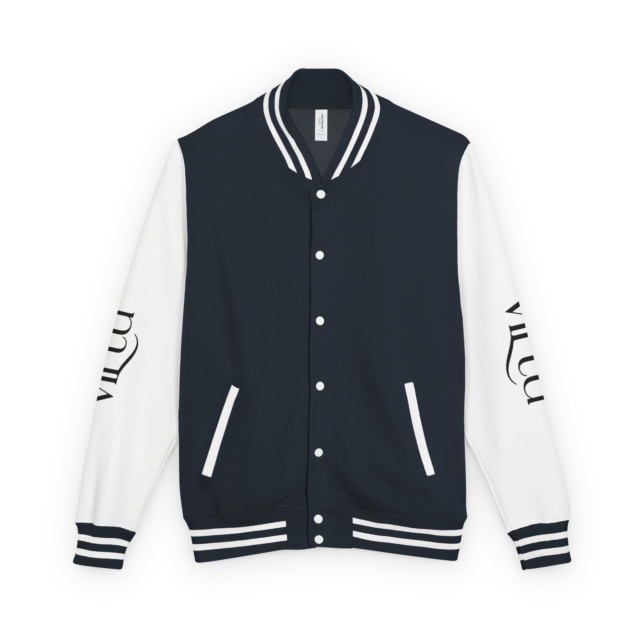 Letterman Jacket — Black & White Varsity Bomber with Sleeve Script