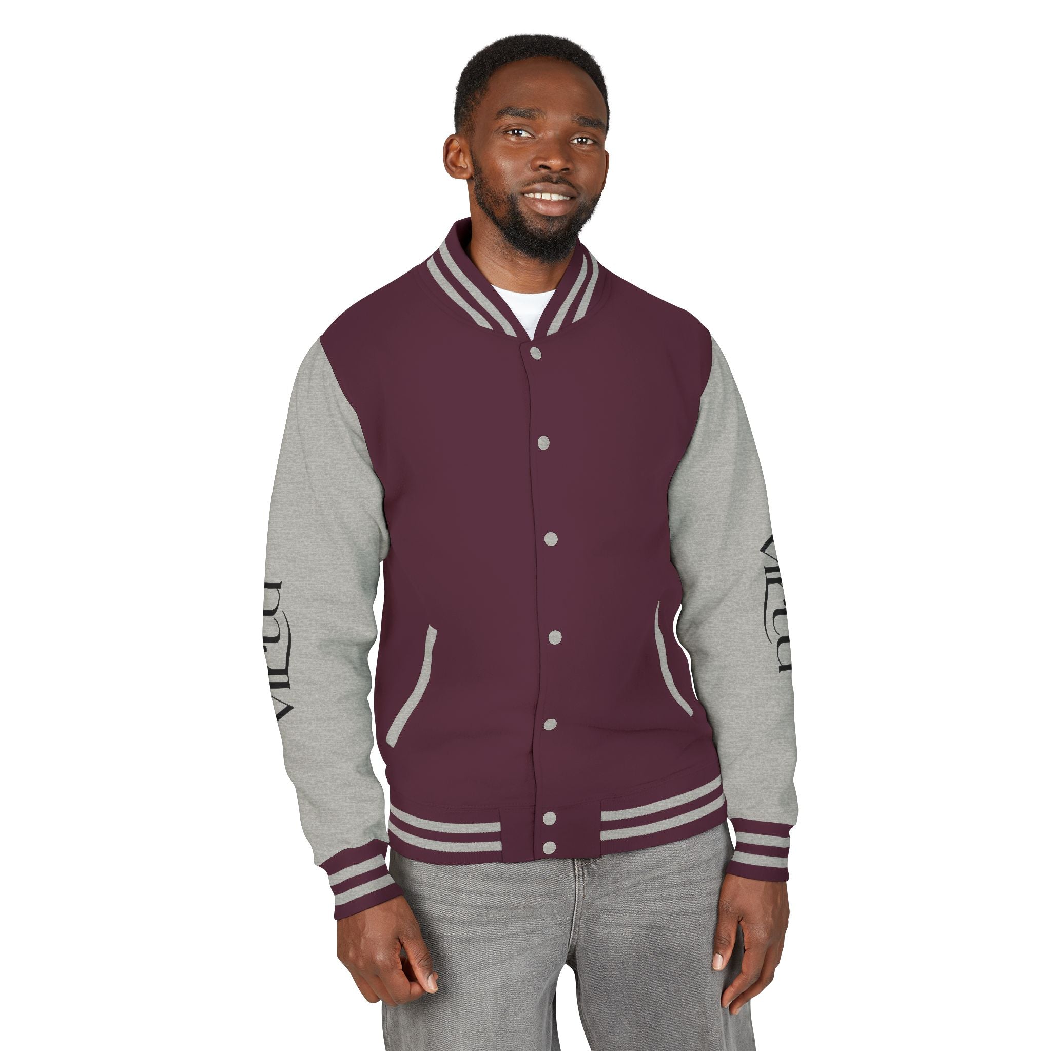 Letterman Jacket — Black & White Varsity Bomber with Sleeve Script