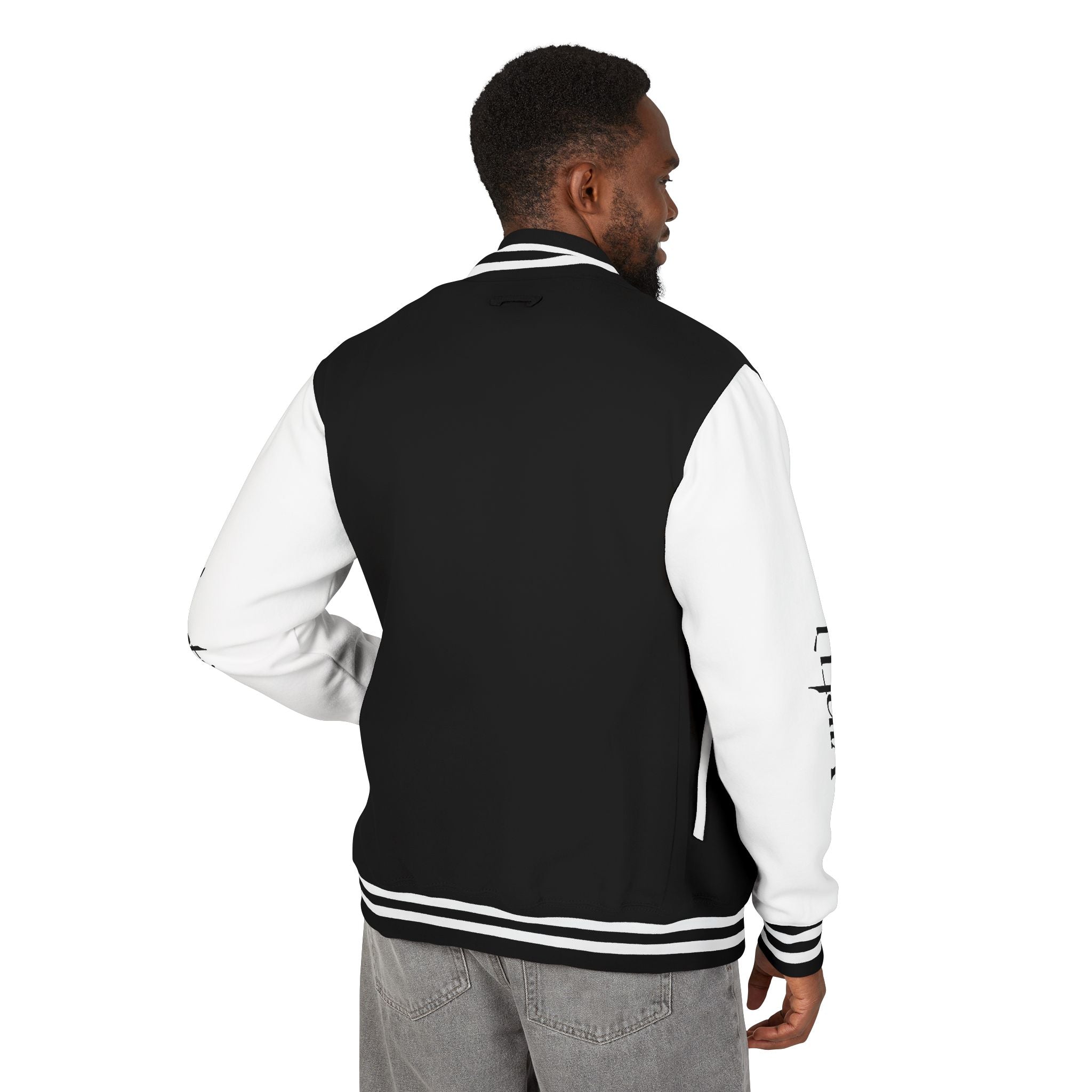 Letterman Jacket — Black & White Varsity Bomber with Sleeve Script