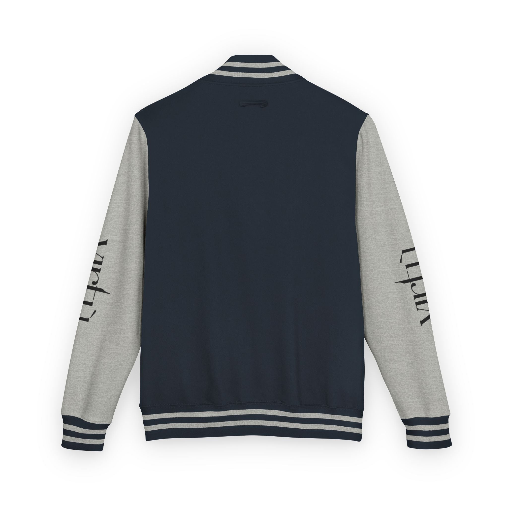 Letterman Jacket — Black & White Varsity Bomber with Sleeve Script