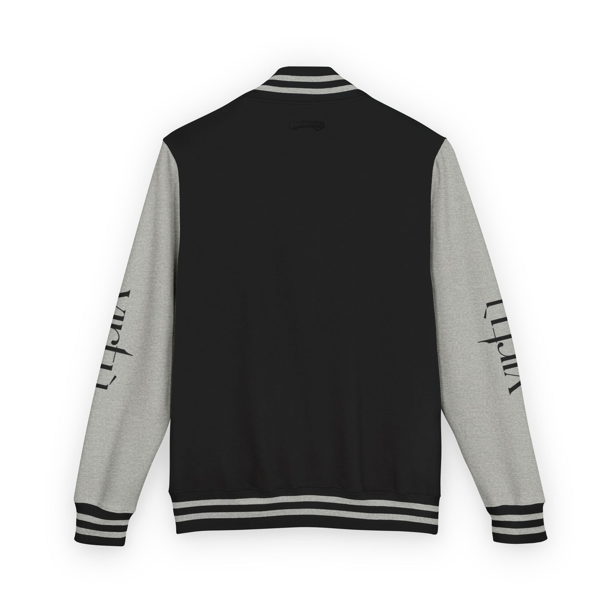 Letterman Jacket — Black & White Varsity Bomber with Sleeve Script