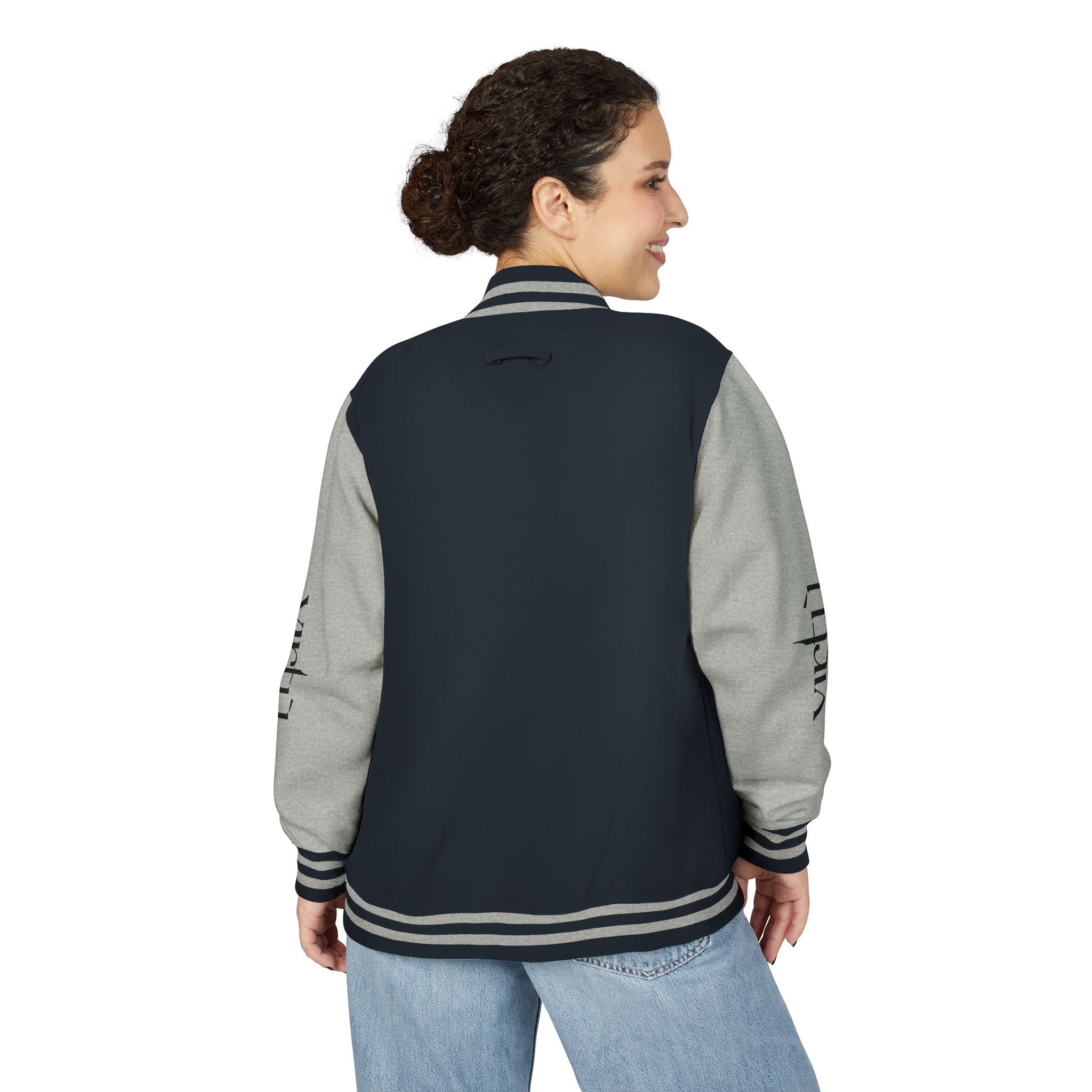 Letterman Jacket — Black & White Varsity Bomber with Sleeve Script