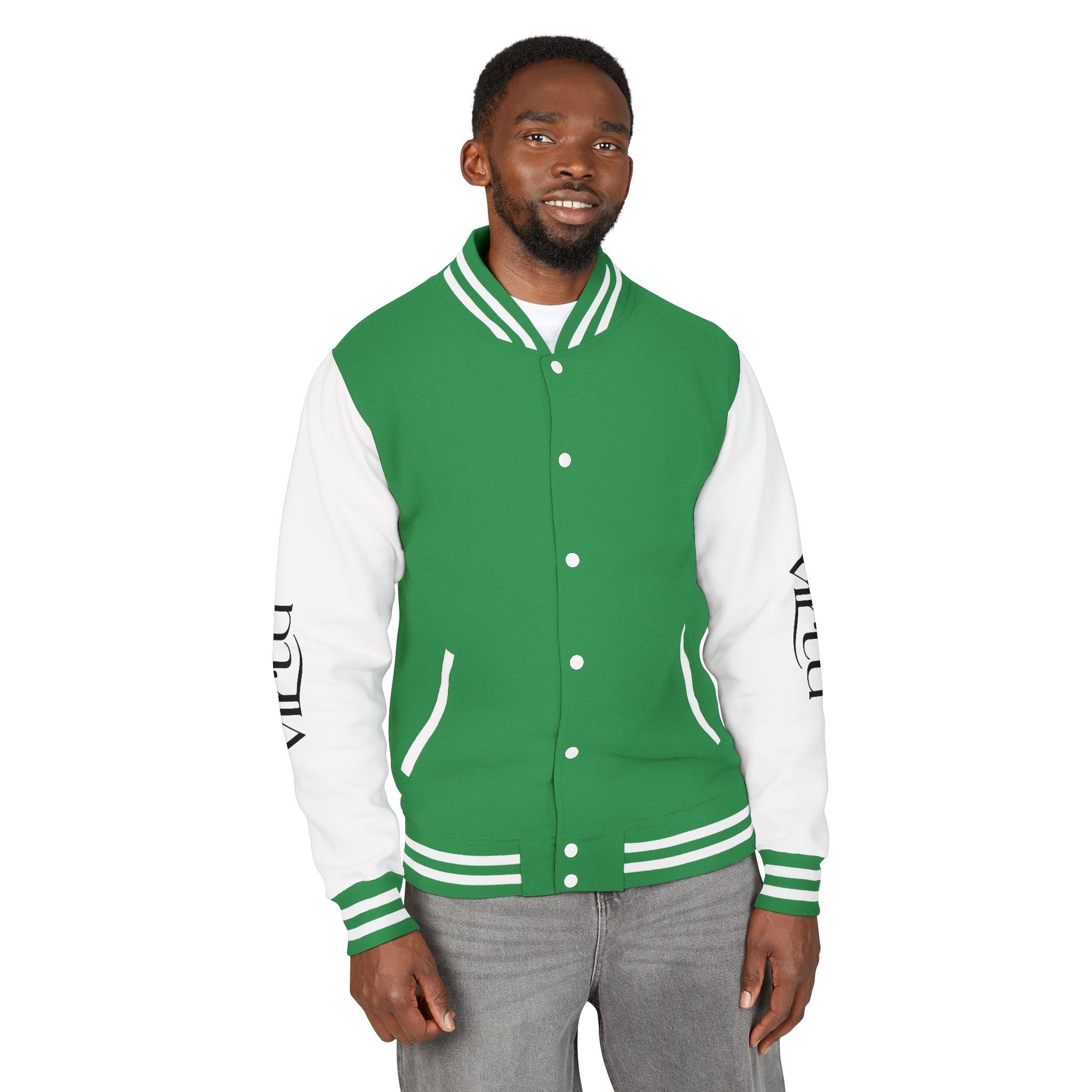 Letterman Jacket — Black & White Varsity Bomber with Sleeve Script