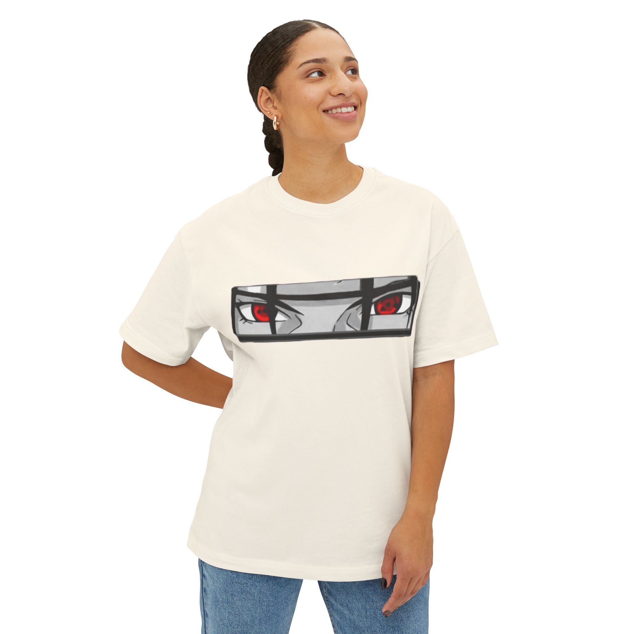 Ninja Silhouette Boxy Tee — Japanese Kanji Sakura Sun Graphic