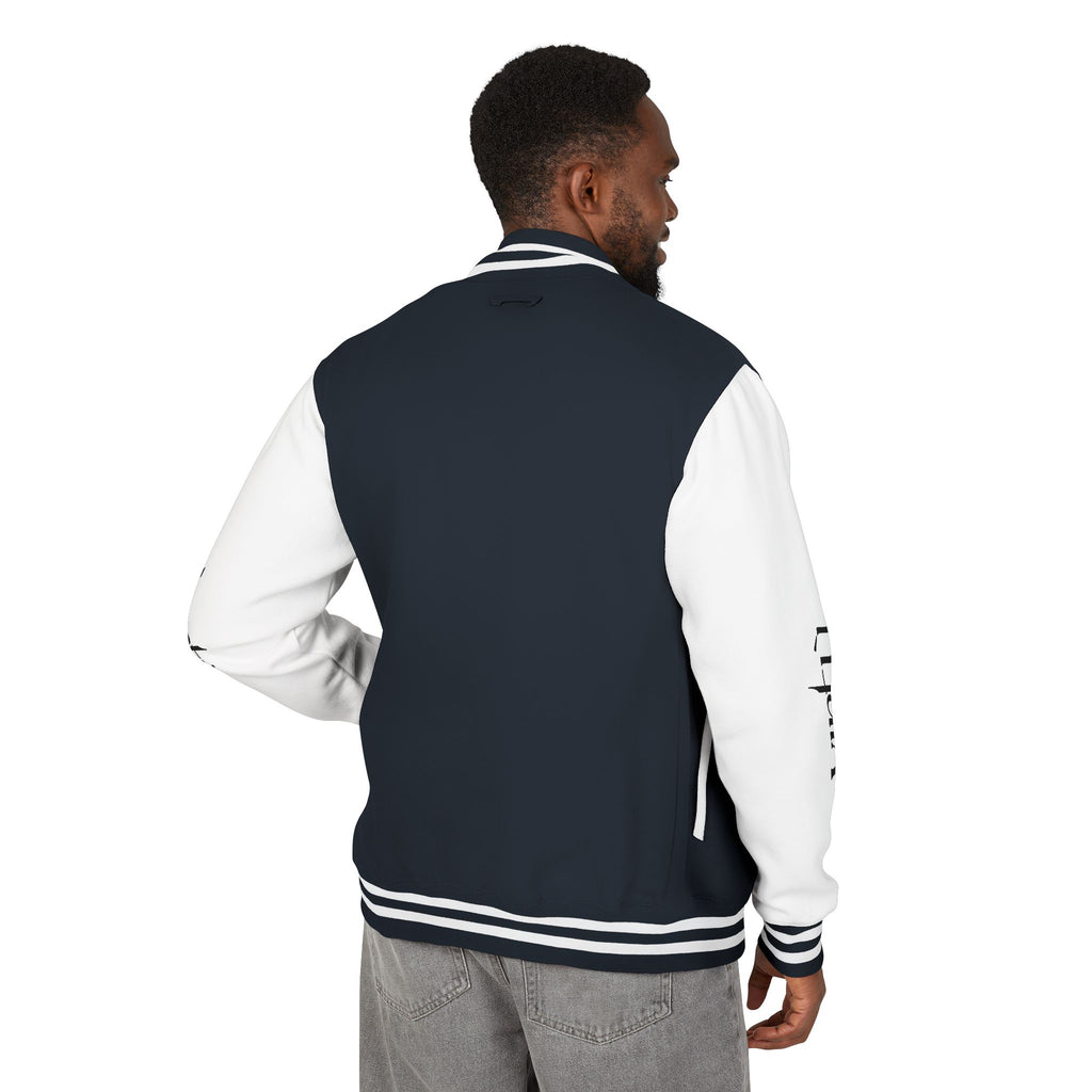 Letterman Jacket — Black & White Varsity Bomber with Sleeve Script