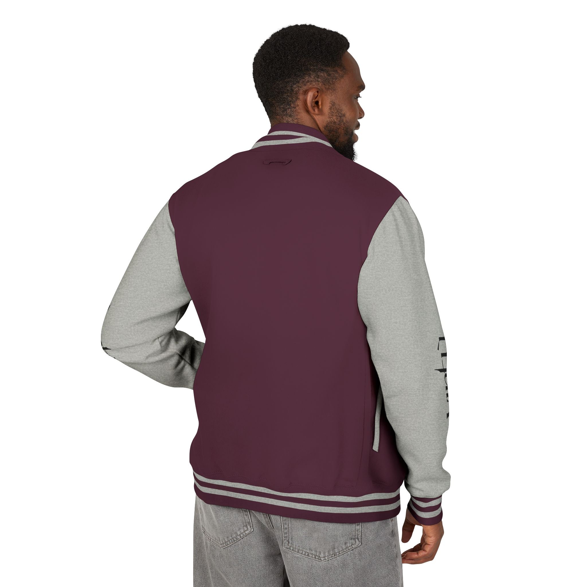 Letterman Jacket — Black & White Varsity Bomber with Sleeve Script
