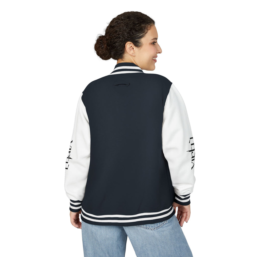 Letterman Jacket — Black & White Varsity Bomber with Sleeve Script
