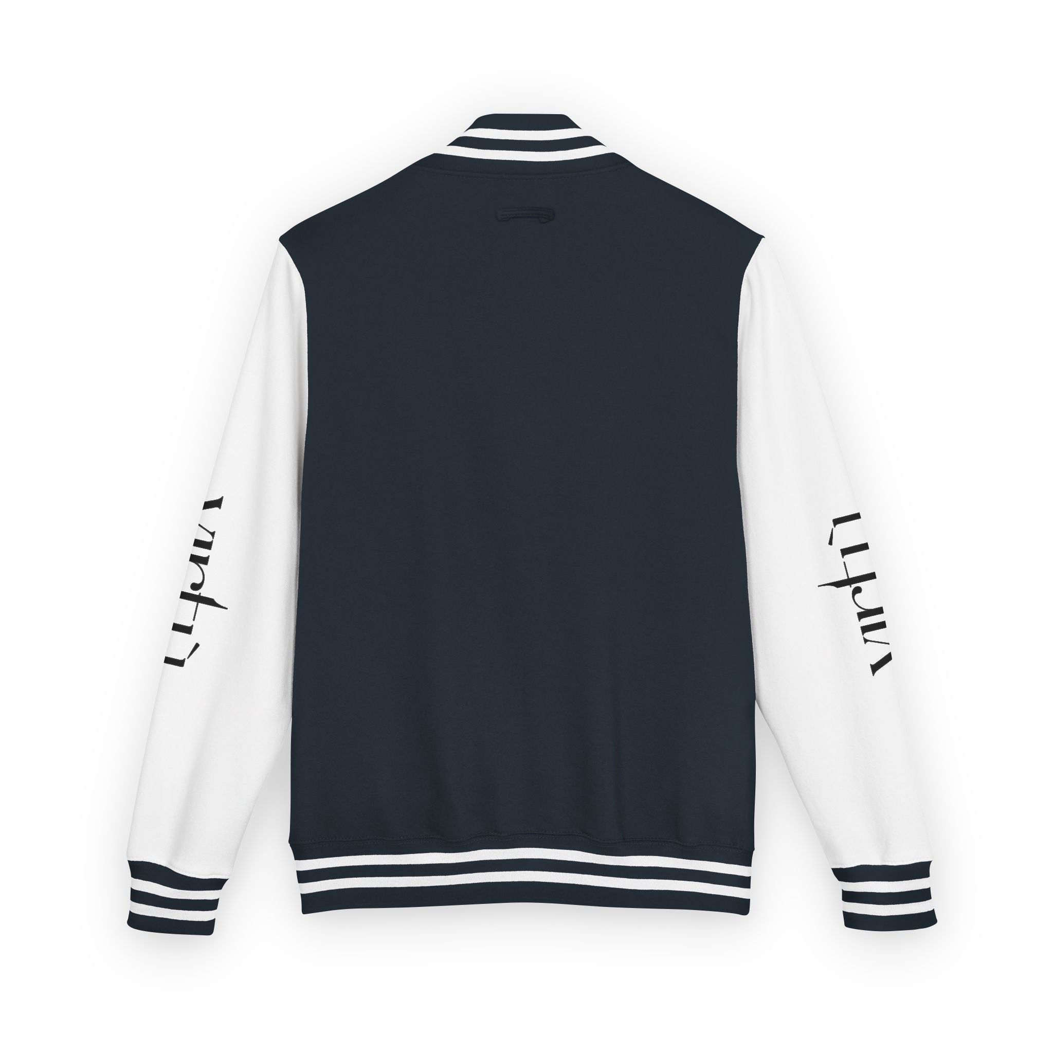 Letterman Jacket — Black & White Varsity Bomber with Sleeve Script