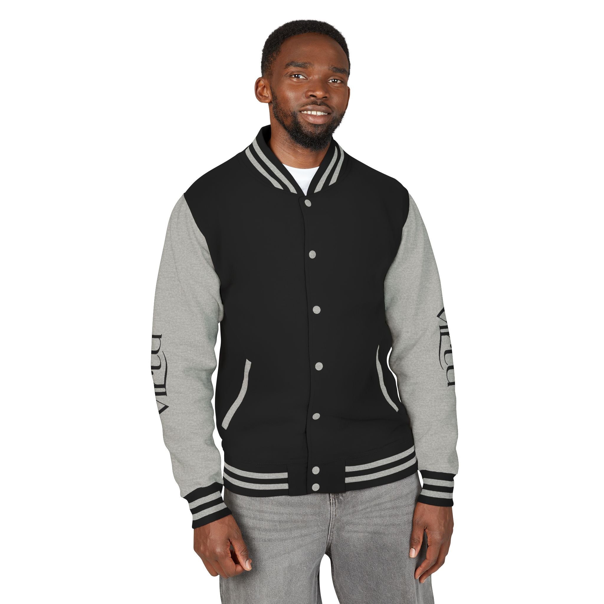 Letterman Jacket — Black & White Varsity Bomber with Sleeve Script