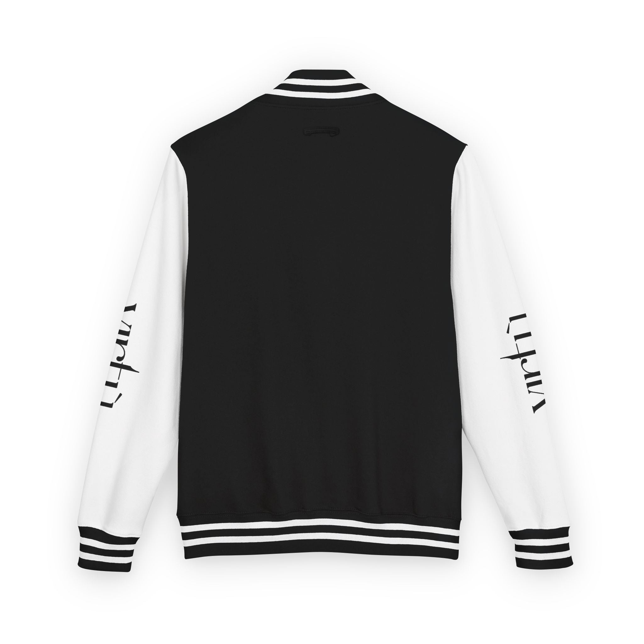 Letterman Jacket — Black & White Varsity Bomber with Sleeve Script