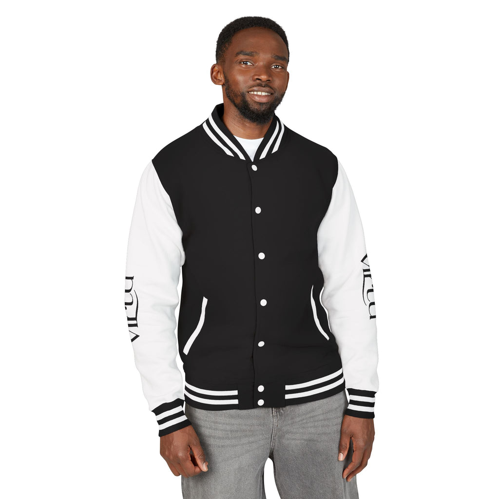 Letterman Jacket — Black & White Varsity Bomber with Sleeve Script