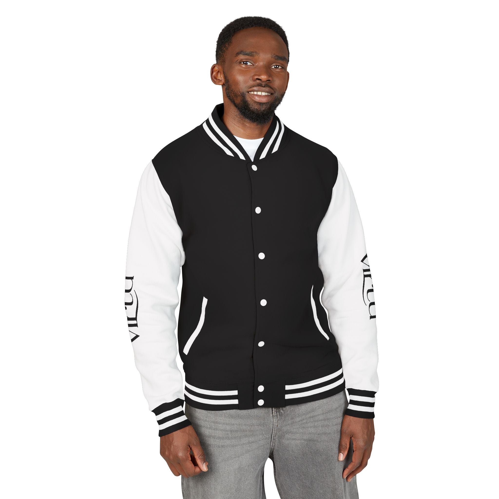 Letterman Jacket — Black & White Varsity Bomber with Sleeve Script